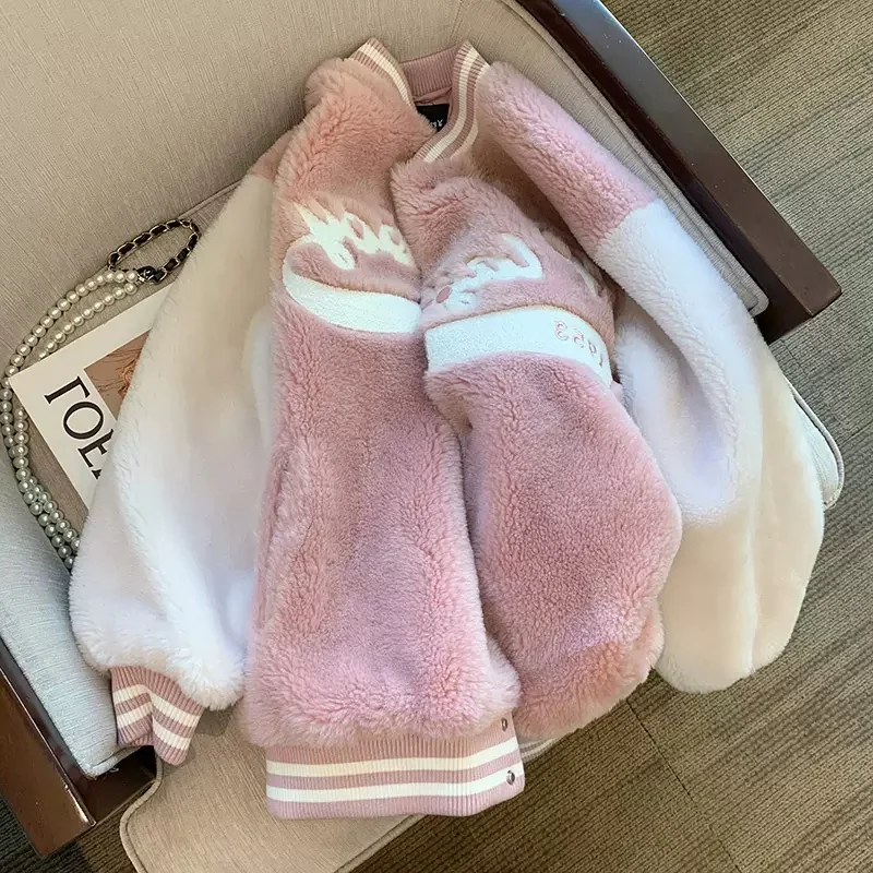 Dolce giacca di velluto di agnello rosa donna 2022 inverno nuova versione coreana tutto-fiammifero peloso carino piccolo Cardigan uniforme da