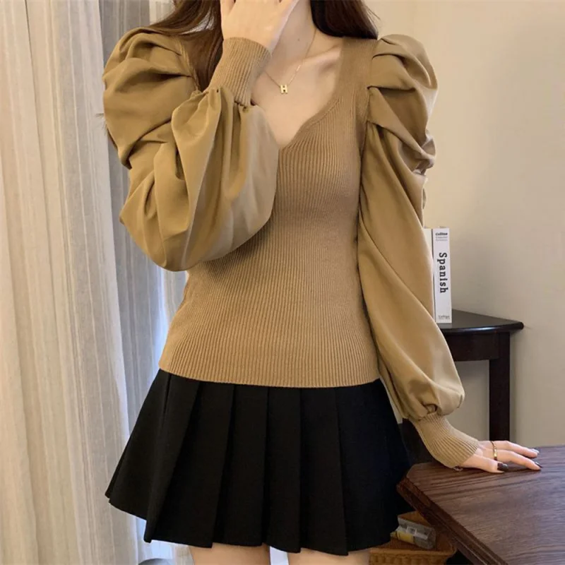 

Европейский и американский осенний новый тонкий пуловер во французском стиле с пышными рукавами, вязаный свитер для женщин