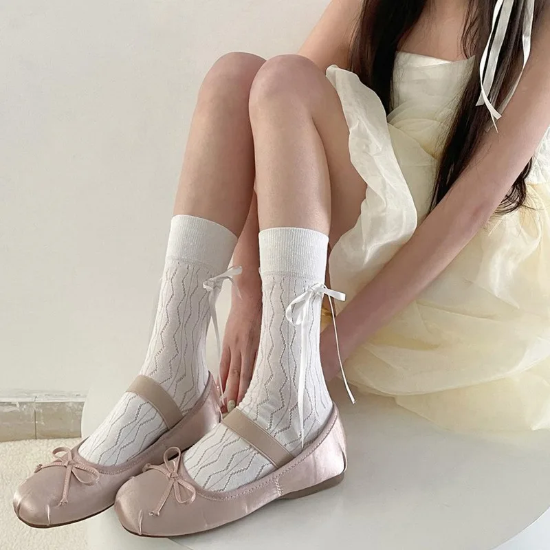 JK Japanese Style Kawaii Socks Ballet Style Ribbon Bowknot Bandage Cute Long Socks Women Lolita Sweet Girls Black White Socks