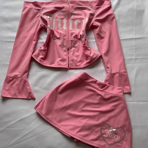 2Pc Off Shoulder Zip Flare Sleeve Top Mini Skirt Set Rhinestone Heart Slim Y2K Outfit Teen Girls Party Street Shoot