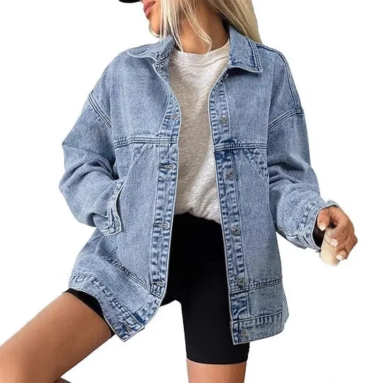 Women Denim Coats Full Sleeve Vintage Washed Turn Down Collar Jackets Single Breasted Y2k Streetwear Work Casual Splice Pockets