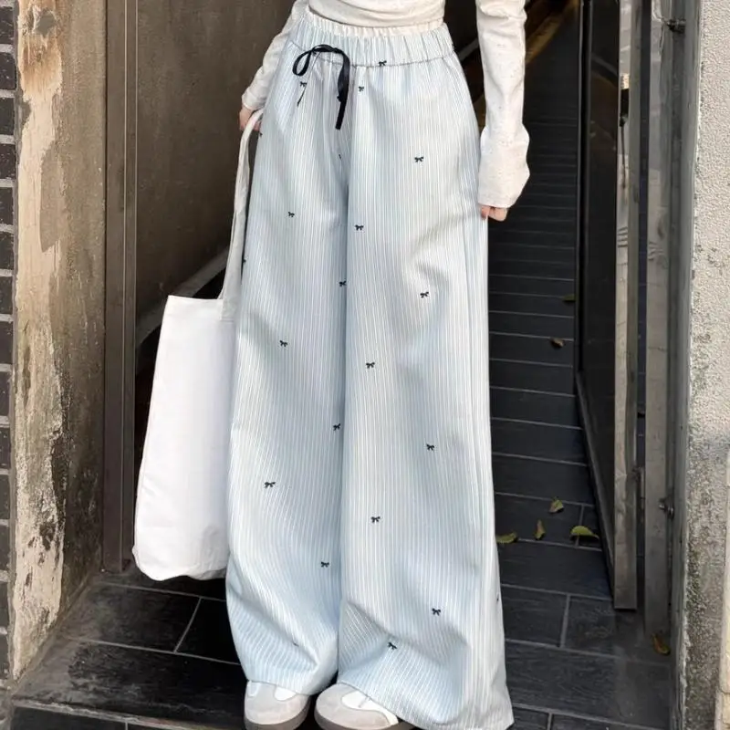 Korean Fashion Women's Lace Edged Wide Leg Pants New Loose Fitting Girls' Straight Leg Pants Versatile Casual Pants Elegant