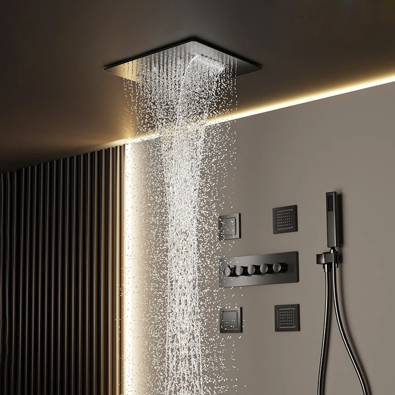Modern LED Wall Mount Shower Set Slide Bar Brushed Brass Finish Waterfall Rainfall Spray Pause Function Contemporary Design