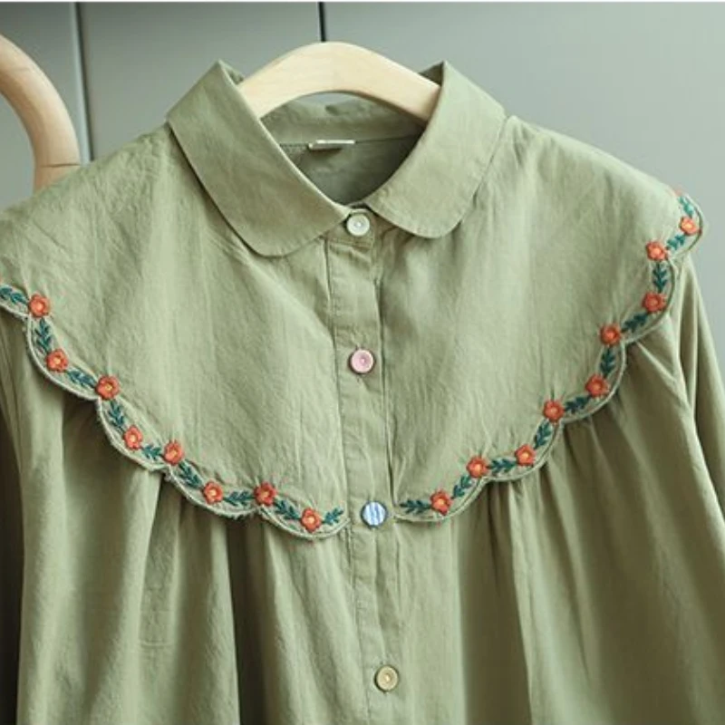 Fashion Vintage Blouses Peter Pan Collar Long Sleeve Floral Embroidery Button Shirts Spring Casual Loose Elegant Women Clothing