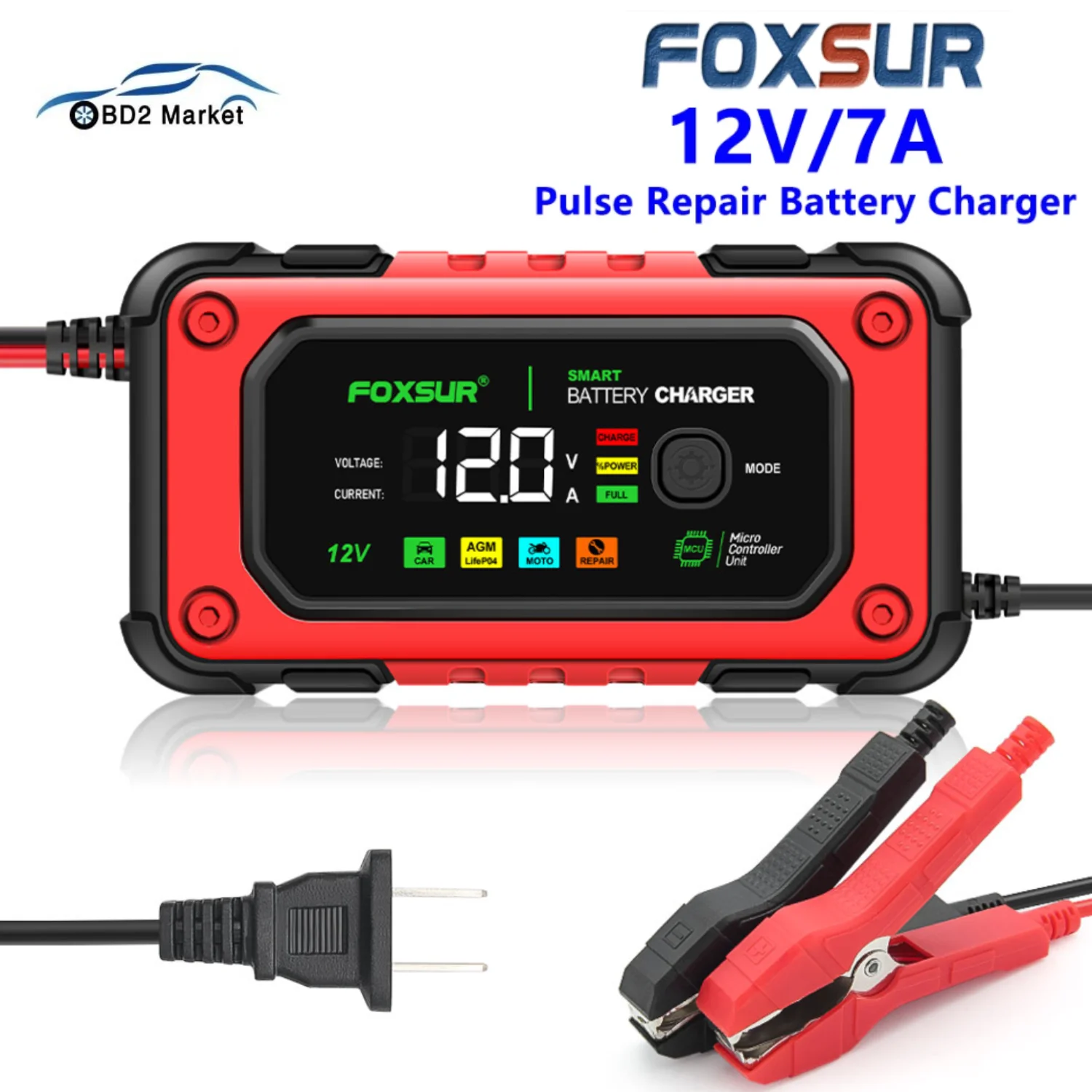 FOXSUR 12V 7A Smart Car Motorcycle Battery Charger Automatic Battery Charger for Auto Lead Acid Battery Maintainer with Repair