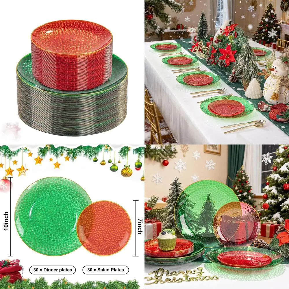 

Набор из 60 праздничных пластиковых тарелок: 30 прозрачных зеленых и 30 прозрачных красных с золотыми краями, красный и зеленый кованый стиль, идеально подходит для Рождества