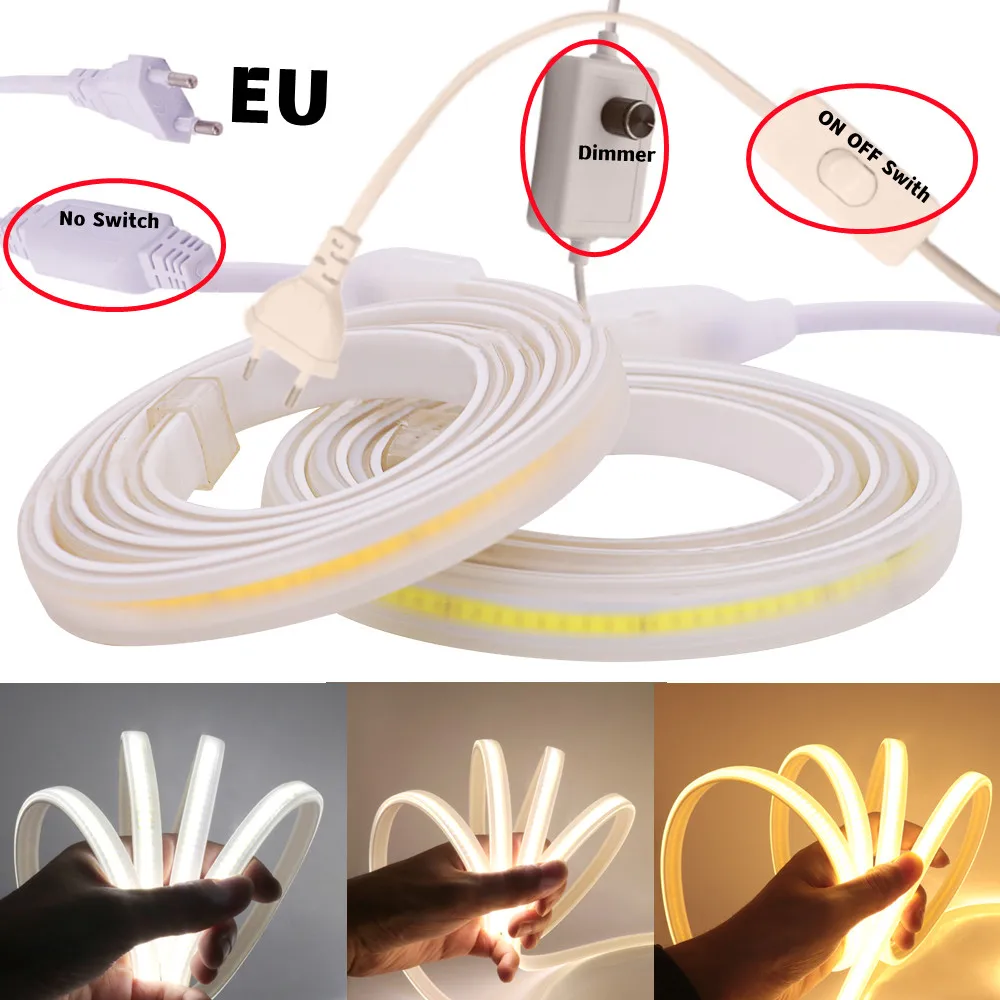 COB LED Tape Light Strip 110V 220V 288leds/m High Density Bending 3000K 4000K 6000K Waterproof Rope EU Plug With ON OFF Switch