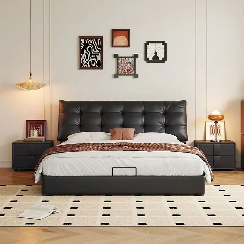 

Leather black luxury big black bear double bed master bedroom talian atmosphere