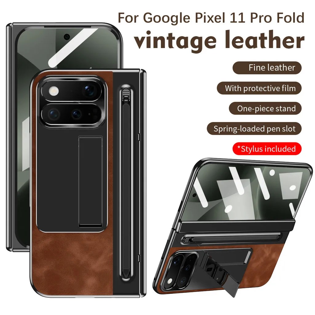 

Leather Bracket Pen Slot With Stylus Case For Google Pixel 11 Pro Fold Pixel 10 Pro Fold 9Pro 5G Hinge Protection Cover