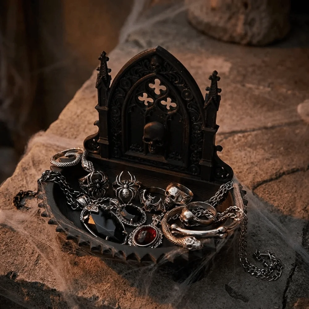 3D Carved Gothic Storage Organizer Tray Skull Design Elegant Desktop Decoration Multifunctional Dark Retro Jewelry Display Tray