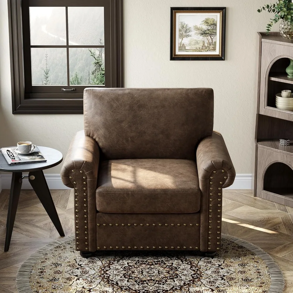 كرسي أنيق من الجلد الصناعي مع حواف رأس أظافر لغرفة المعيشة، كرسي بذراعين من القطيفة على أرجل خشبية صلبة #4