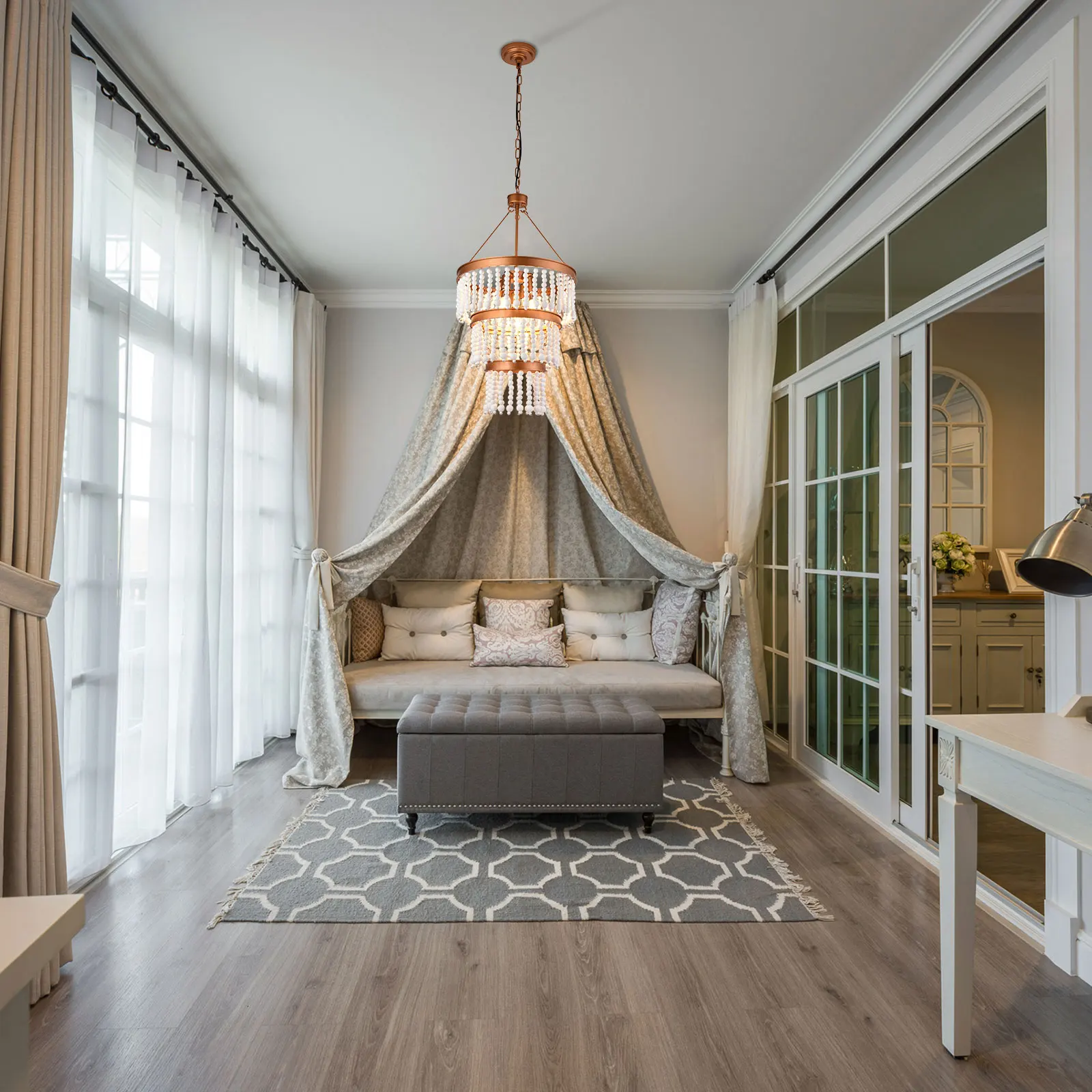 TS-HSLT-650 Lampada a sospensione con perline di legno in oro - Diametro 16 pollici * Altezza 29,5 pollici, lunghezza catena 59 pollici - Senza sorgente luminosa E12 * 5-