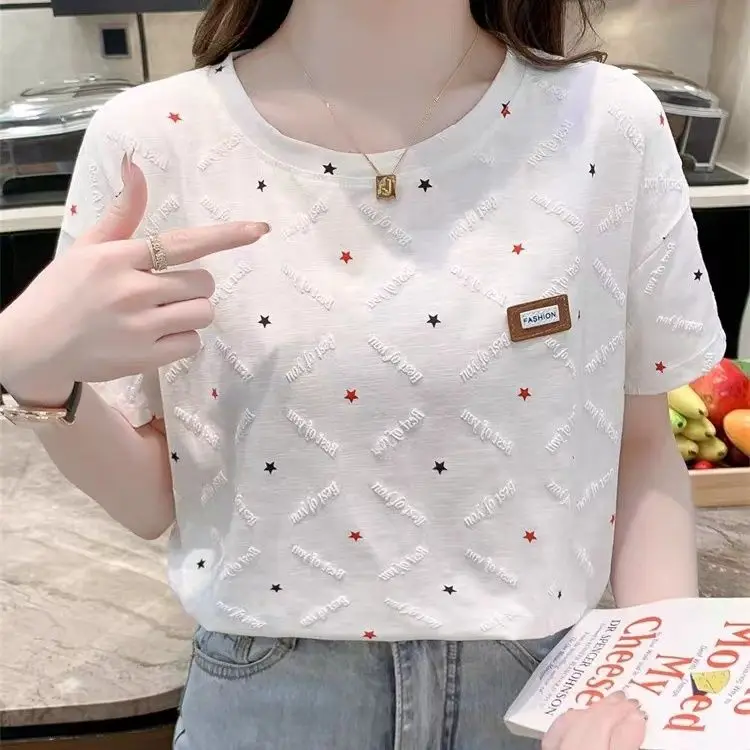 Chic Short Sleeve T-Shirt 2023 Summer  Women\'s Loose White  Top Letter Print Three-dimensional Decoration