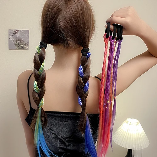 Imagen 2 del producto Cola de Caballo trenzada de arcoíris, lazos para el cabello, banda de goma de Color negro con extensiones de cabello para mujeres y niñas, sombreros de fiesta para Cosplay