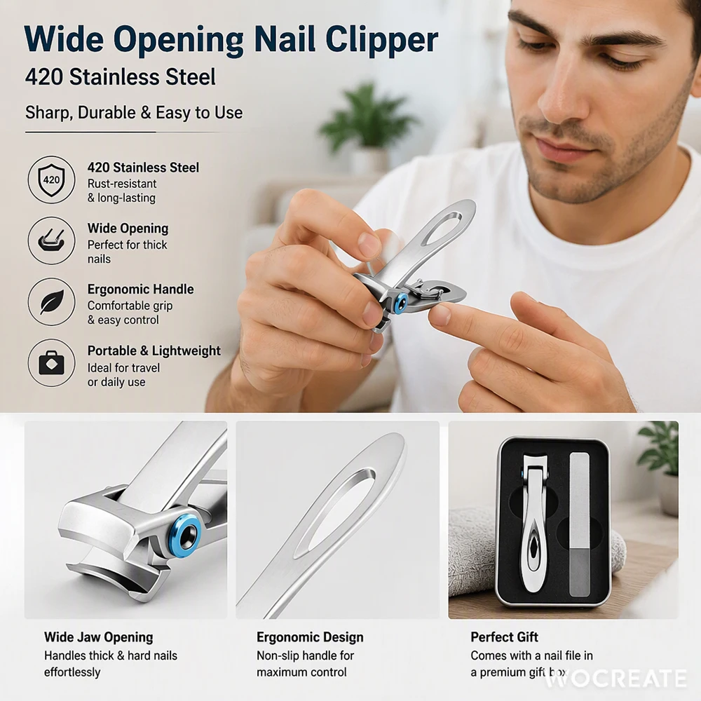 Large Opening Nail Clipper for Thick Nails, 420 Stainless Steel Toenail Clippers for Seniors, Portable Travel Manicure Gift Set