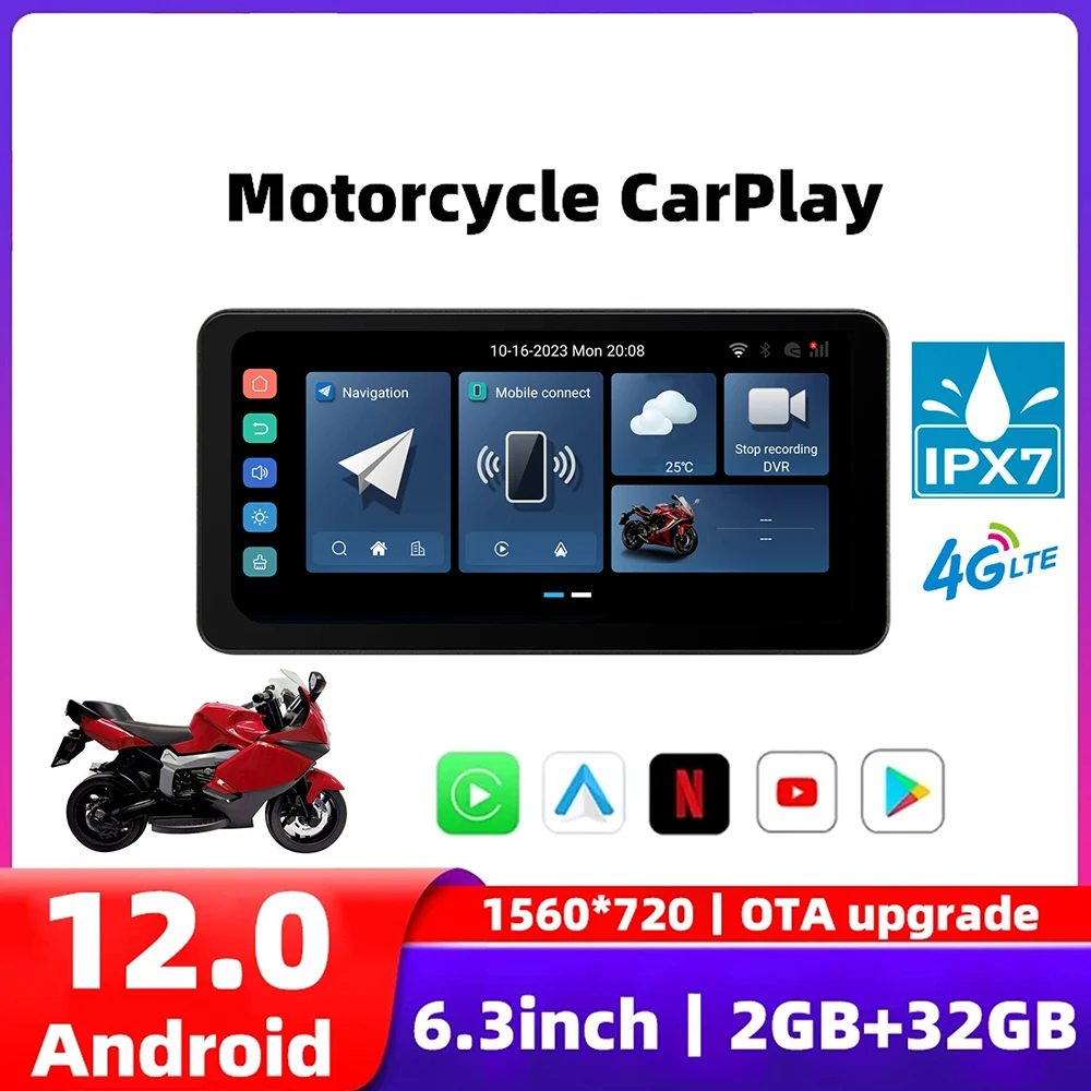 6.3 Inch Motorcycle CarPlay 4G Network Android 12.0 IPX7 Waterproof Dual Bluetooth Wireless CarPlay Android Auto GPS Navigation