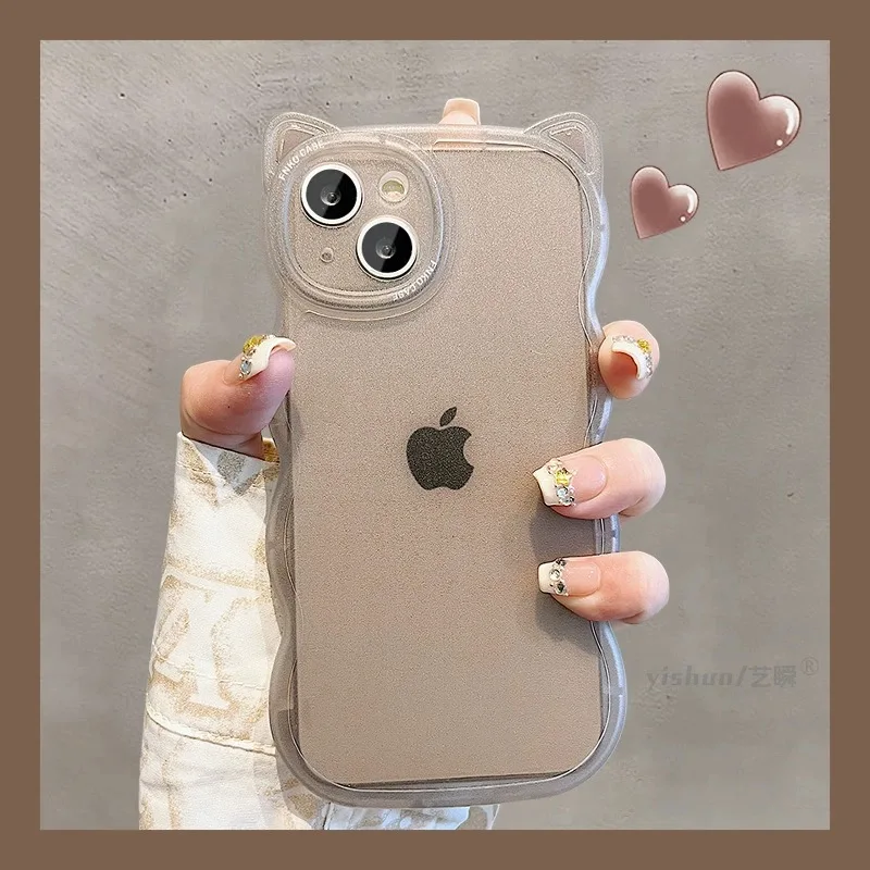 Cute Cartoon Cat Ears Candy Color Phone Case For iPhone 16 Pro Max 15 14 13 12 11 XR XS 7 8 Plus Soft Silicone Shockproof Cover