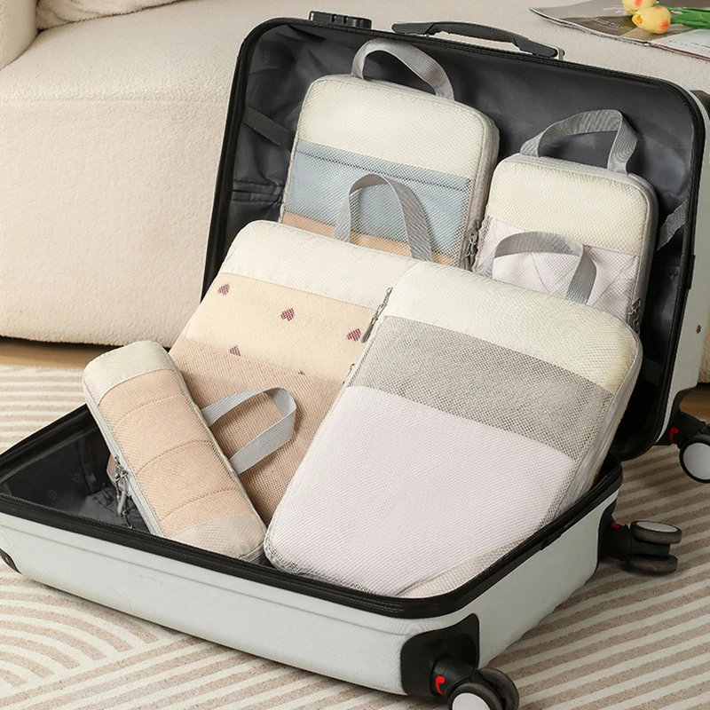 5PCS Compressed Packing Cubes Travel Storage Organizer Set Mesh Visual Luggage Portable Lightweight Suitcase Bag