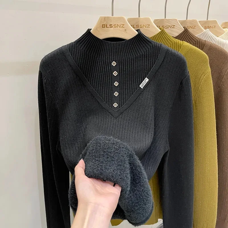 Suéter cálido de Invierno para mujer, Jersey de punto grueso de terciopelo de felpa, prendas de punto forradas, medio cuello alto coreano, Tops de punto suave para mujer