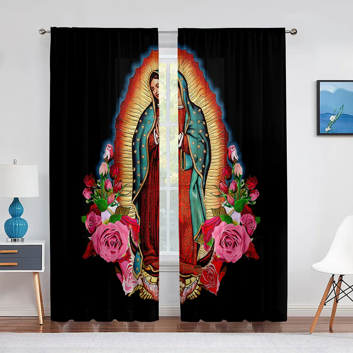 Our Lady Guadalupe Mexican Saint Virgin Mary Floral Sheer Voile Curtains for Bedroom Living Room Kitchen Chiffon Tulle Curtains