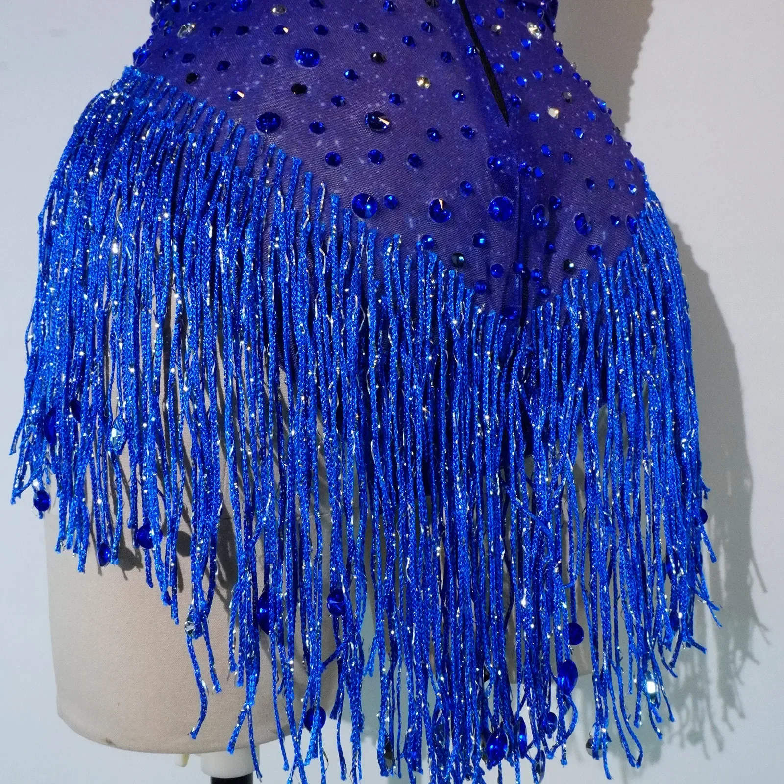 반짝이 블루 프린지 바디 수트 폴 댄스 레오타드, 섹시한 시스루, 생일 파티 클럽 축하 무대 가수 드래그 퀸 의상