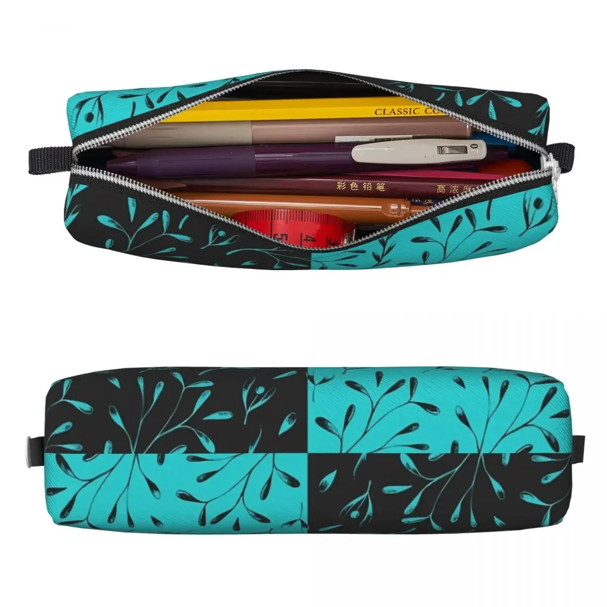 Two-Tone Pencil Case Leaf Vine Floral School Pencil Cases PU Leather Students Fashion Large Pencil Pouch School Supplies