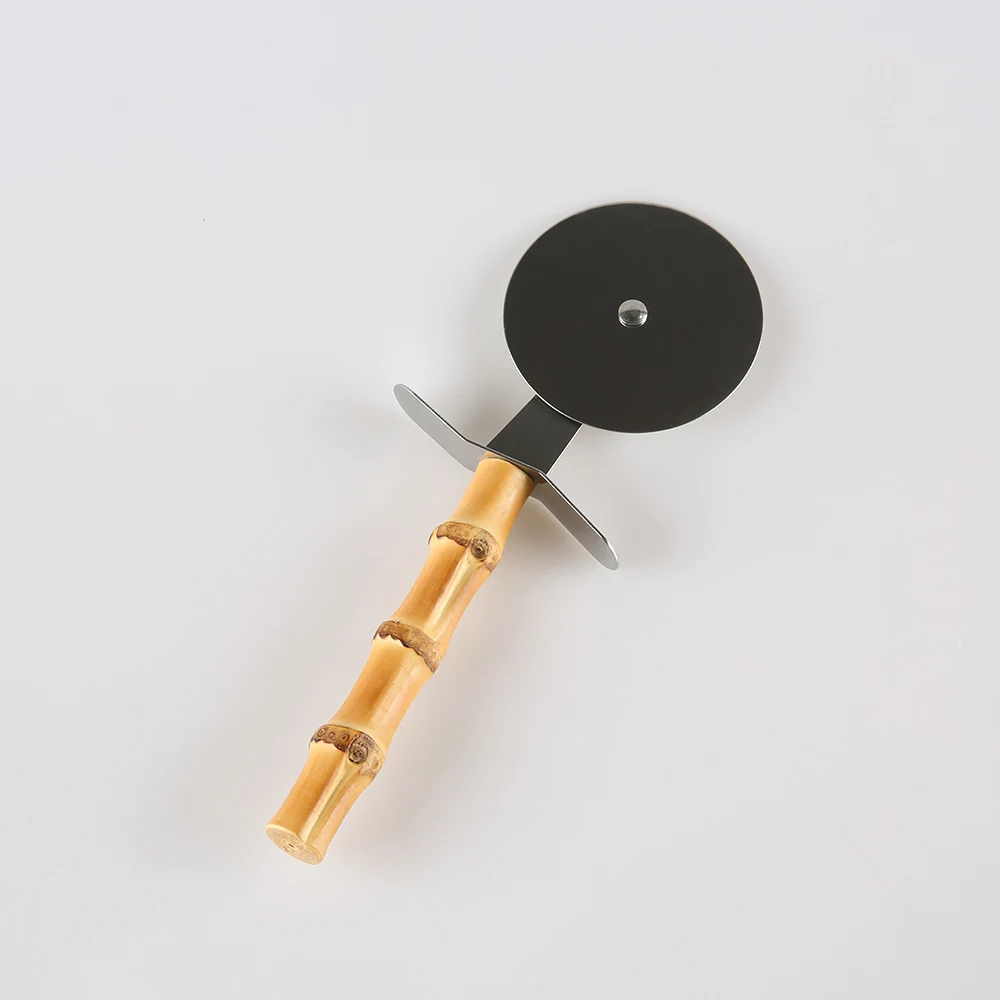Kitchen Baking Tool Stainless Steel Natural Bamboo Root Wooden Handle Dessert Pies Cheese Bread Roller Slicer Pizza Wheel Cutter