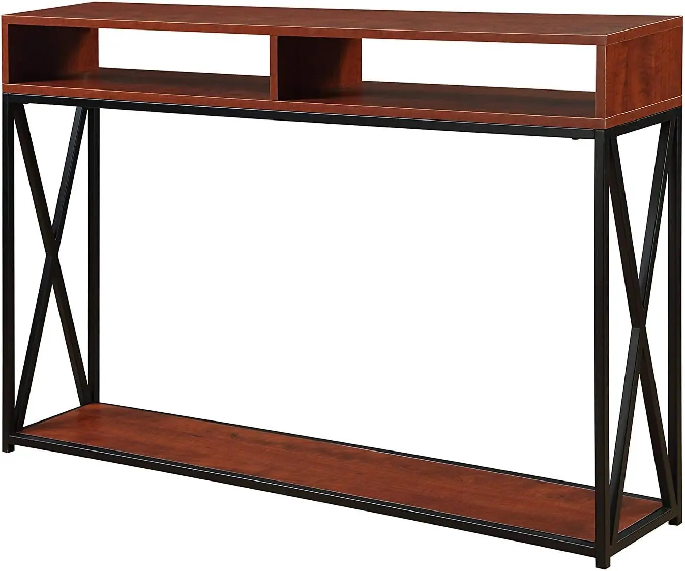 

2-Tier Console Table with Modern Cherry and Black Finish, Compact Storage Design for Entryway or Living Room