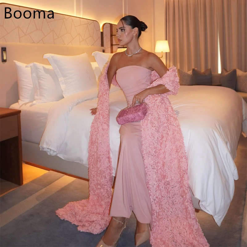 Booma حورية البحر بدون حمالات وردي فساتين لحضور الحفلات الموسيقية فساتين رسمية للنساء شال زهور بدون أكمام فستان سهرة مخصص 2025