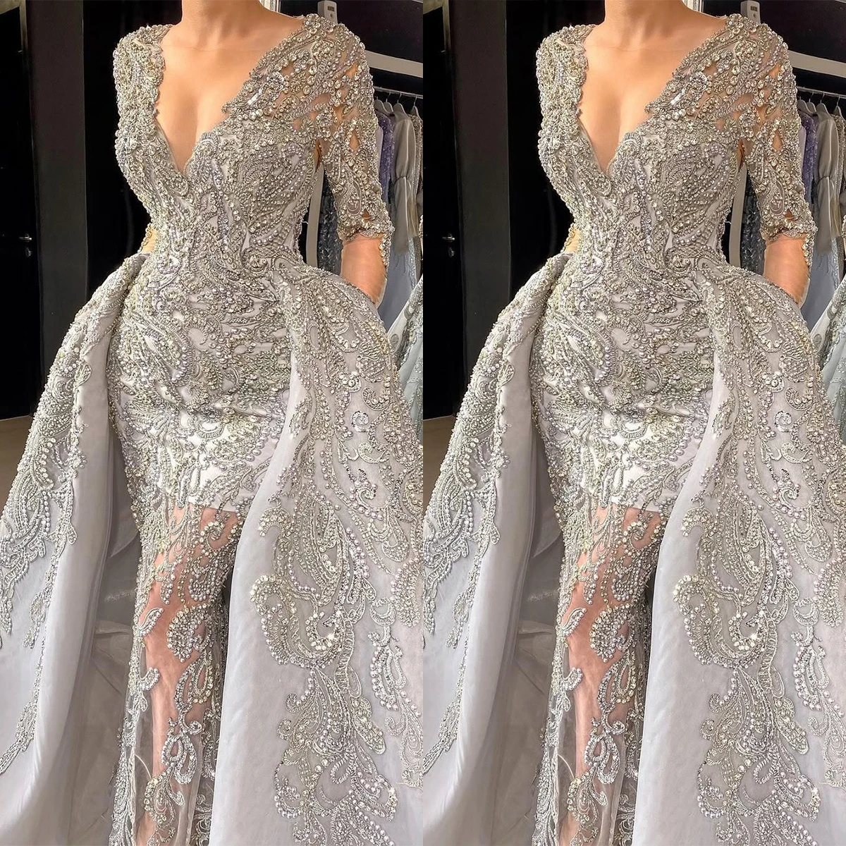 Elegant Mermaid Wedding Dresses Sexy V Neck Beads Appliques Lace Bridal Gowns Customized Detachable Train Vestidos De Fiesta