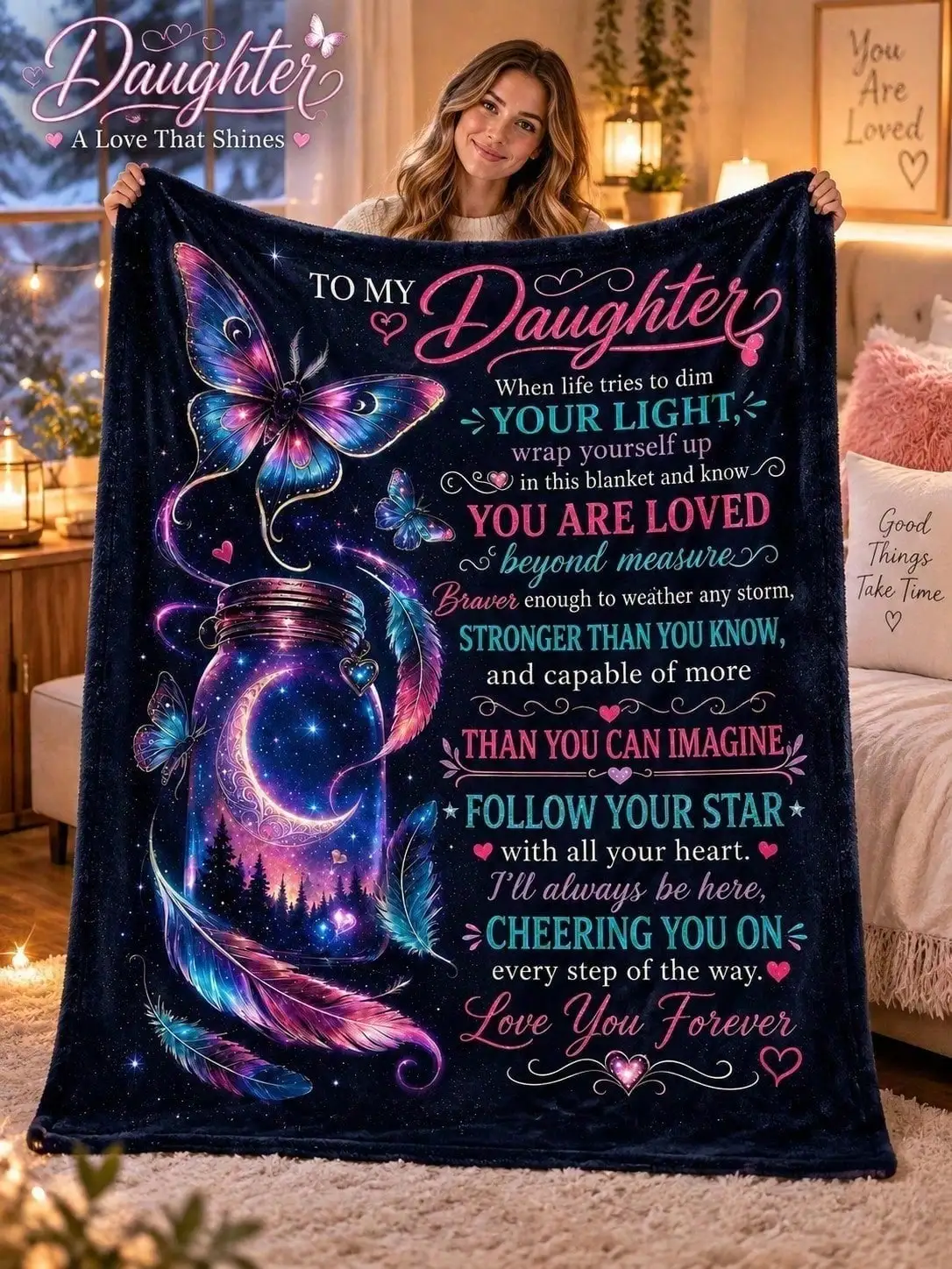Daughter Butterfly Moonlight Flannel Blankets Encouragement Sofa Throw Bed Home Decor Bedroom Living Room Halloween Thanksgiving Christmas Anniversary Birthday Housewarming Guestroom Dorm Travel Office Nap Seasonal Accent Gift for Family Friends