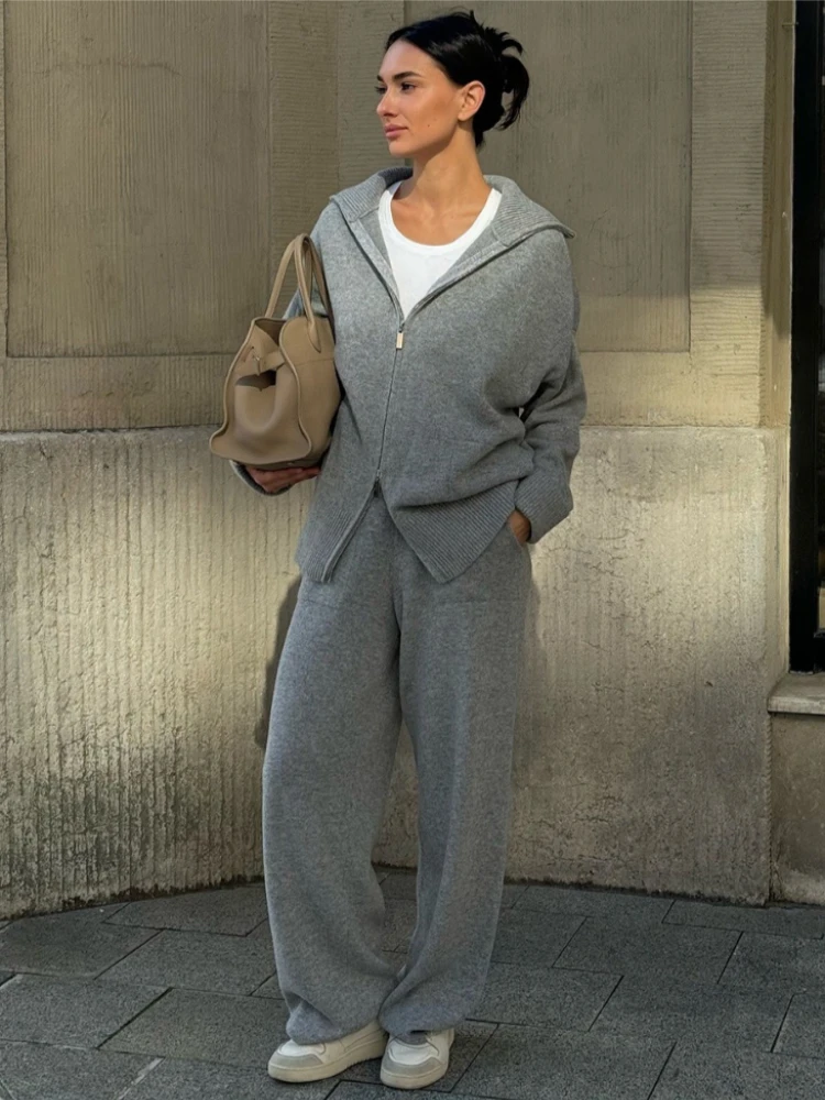 Tossy Casual Knitwear Sweater 2 Piece-Set Leg Trousers Women Solid Loose Zipper Cardigan And Wide-Leg Pants Knitwear Pant Sets