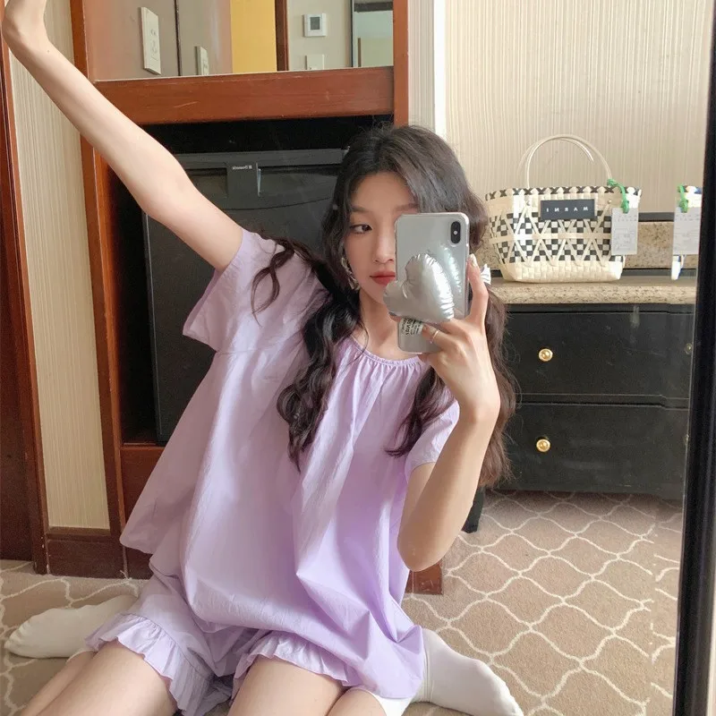

Japanese Gentle Purple Round Neck Home Pajamas Female Summer Simple Solid Color Ruffled Short-Sleeved Shorts Cloud Cotton Set