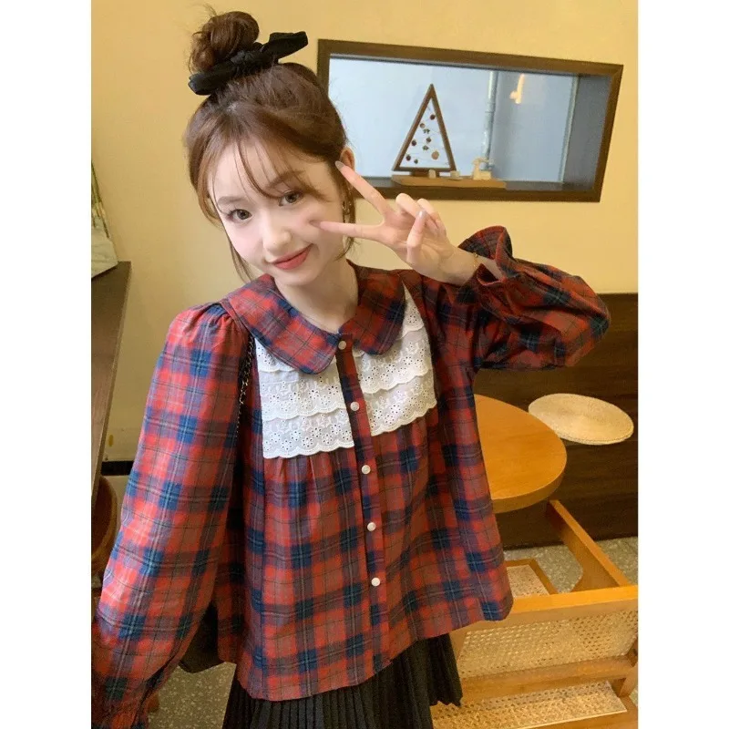 Camicie da donna con colletto scozzese con bottoni moda primavera estate Femme T-shirt a maniche lunghe versatile in cotone sottile con pizzo vintage