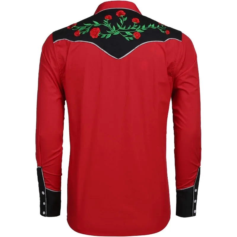 Men's Western Cowboy Shirt Long Sleeve Slim Fit Rose Embroidered Cotton Casual Button Down Shirts Fashion Street Dance Shirt view 5