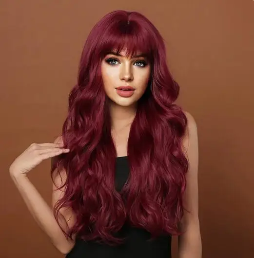 New selling wig female fluffy wine red air bangs long curly hair big wave synthetic fiber high temperature silk full head cover