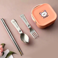 WORTHBUY 4Pcs/Set Folding Dinnerware Set Camping Picnic Cartoon Portable 304 Stainless Steel Cutlery With Case For Kids Students