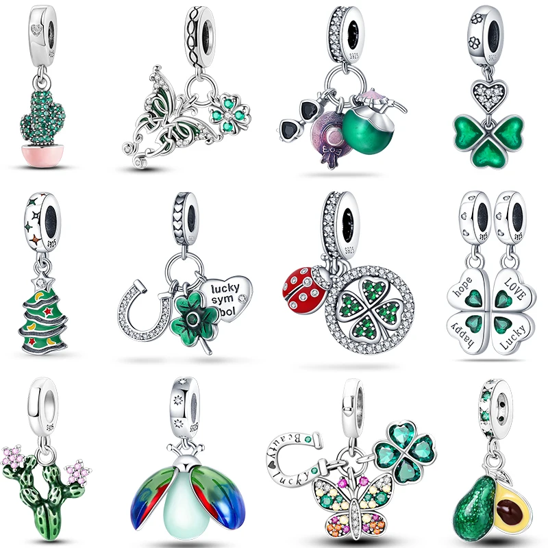 Green Series 925 Sterling Silver Lucky Clover Avocado Cactus Spring Charms Beads Fit Pan 925 Original Bracelets DIY Jewelry