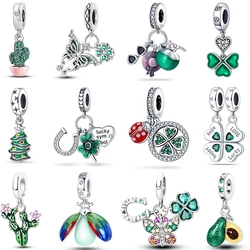 Green Series 925 Sterling Silver Lucky Clover Avocado Cactus Spring Charms Beads 3mm DIY Fine Jewelry Making