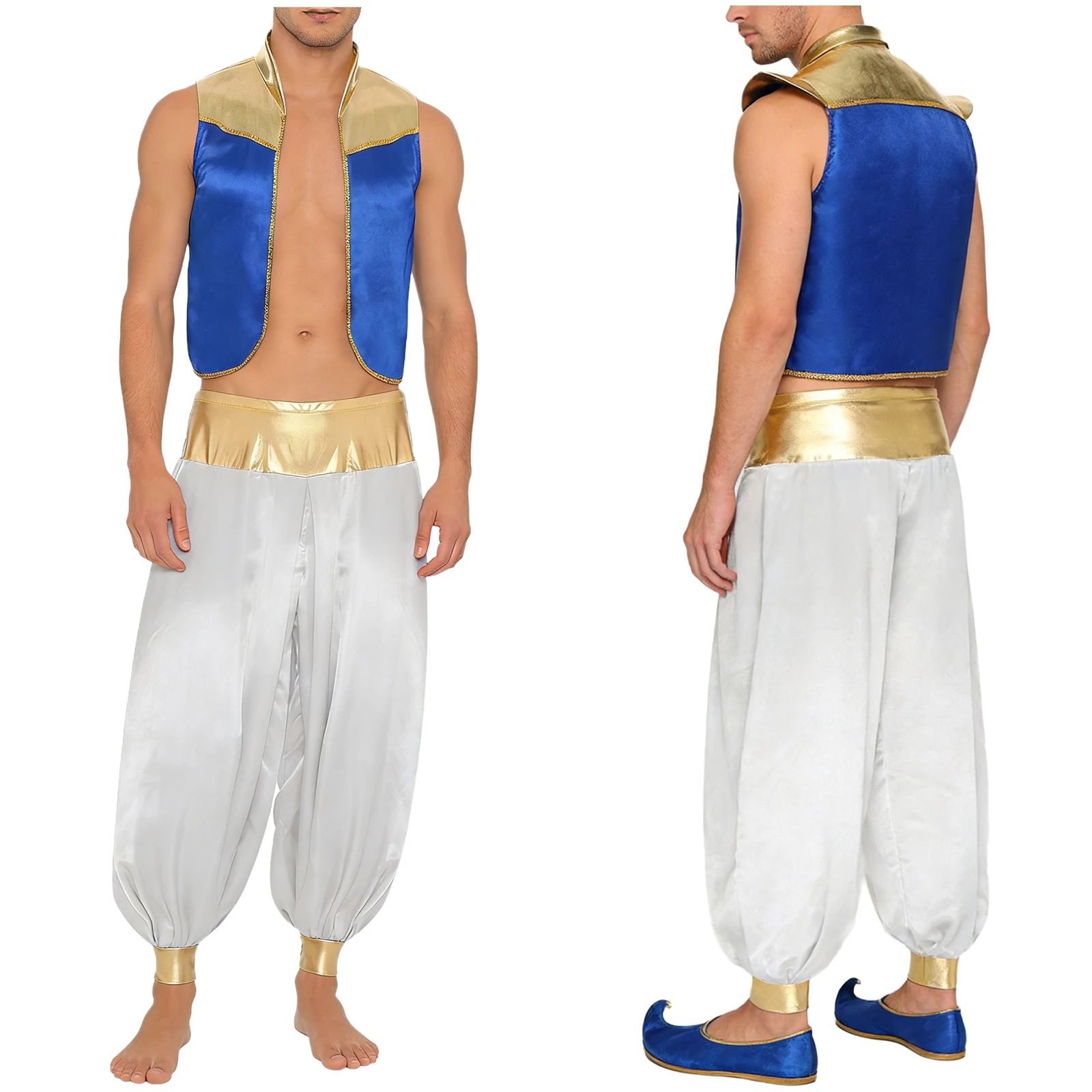 Mannen Arabische Prins Cosplay Kostuum Gouden Trim Open Voorzijde Vest Vlekvest Harembroek Pak Halloween Indiase Podiumdanskleding