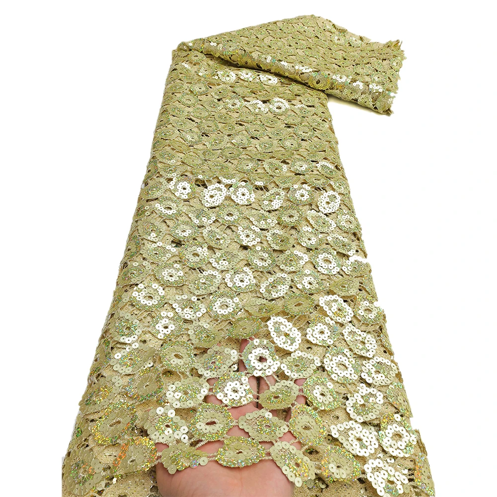 Luxury African Guipure Cord Lace Fabric 2026 Nigerian French Water Soluble Sequins Lace Fabric For Wedding Party Dress