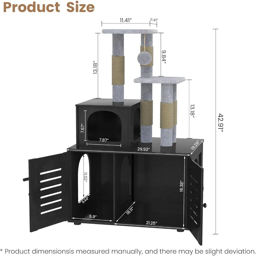 Cat Litter Box Enclosure with Tree, Hidden Cat Washroom Furniture with Divider, Wooden Cat House with Platform