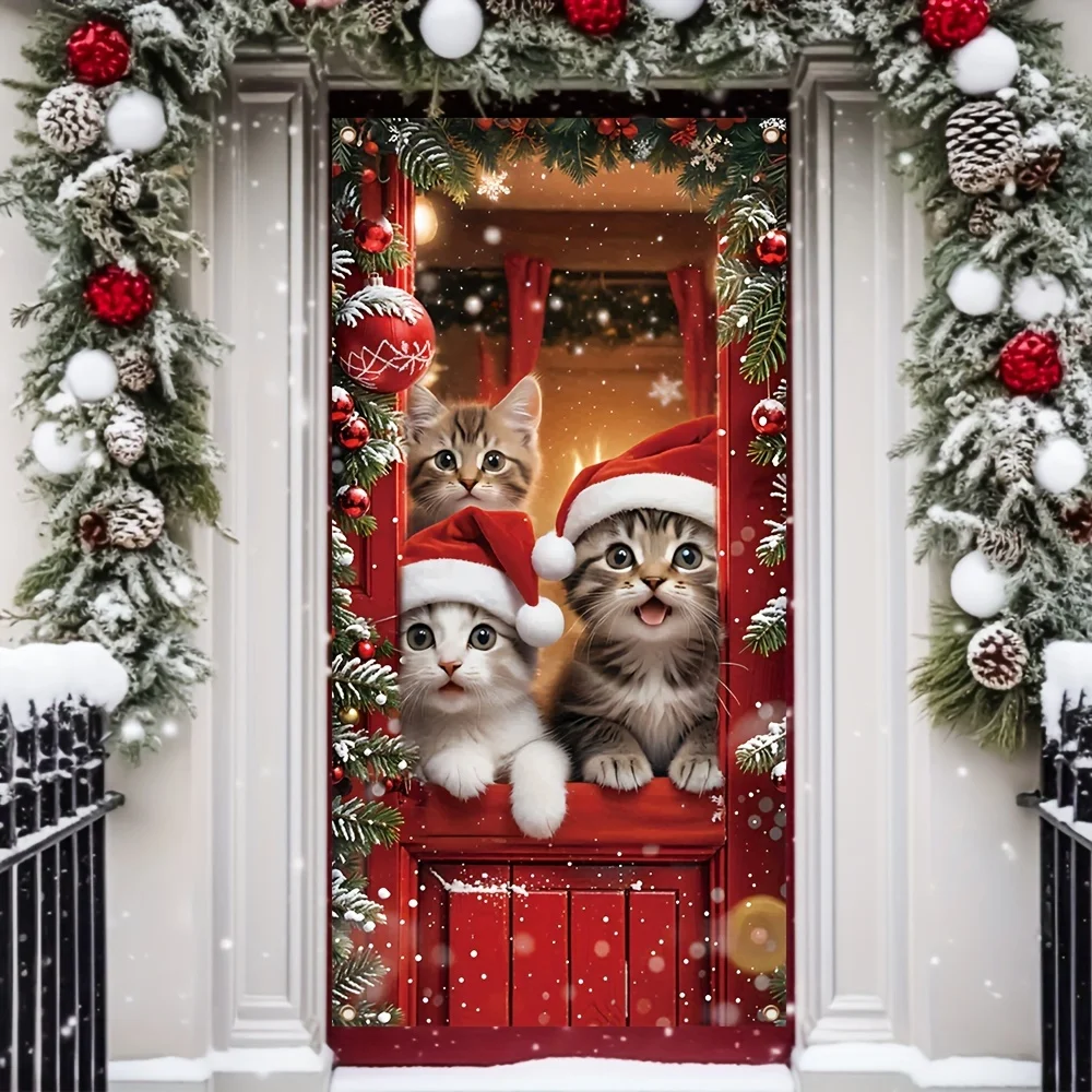 Un gorro navideño de poliéster con diseño de gatito para la decoración del panel de la puerta, adecuado para celebraciones de Navidad y Año Nuevo.