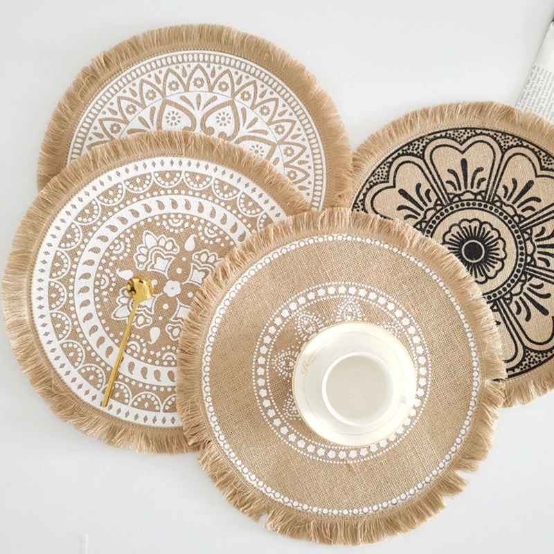 Bohemian Round Placemat 38cm Woven Jute Fringe Table Mats with Tassel for Dining Room INS Hot Table Decors