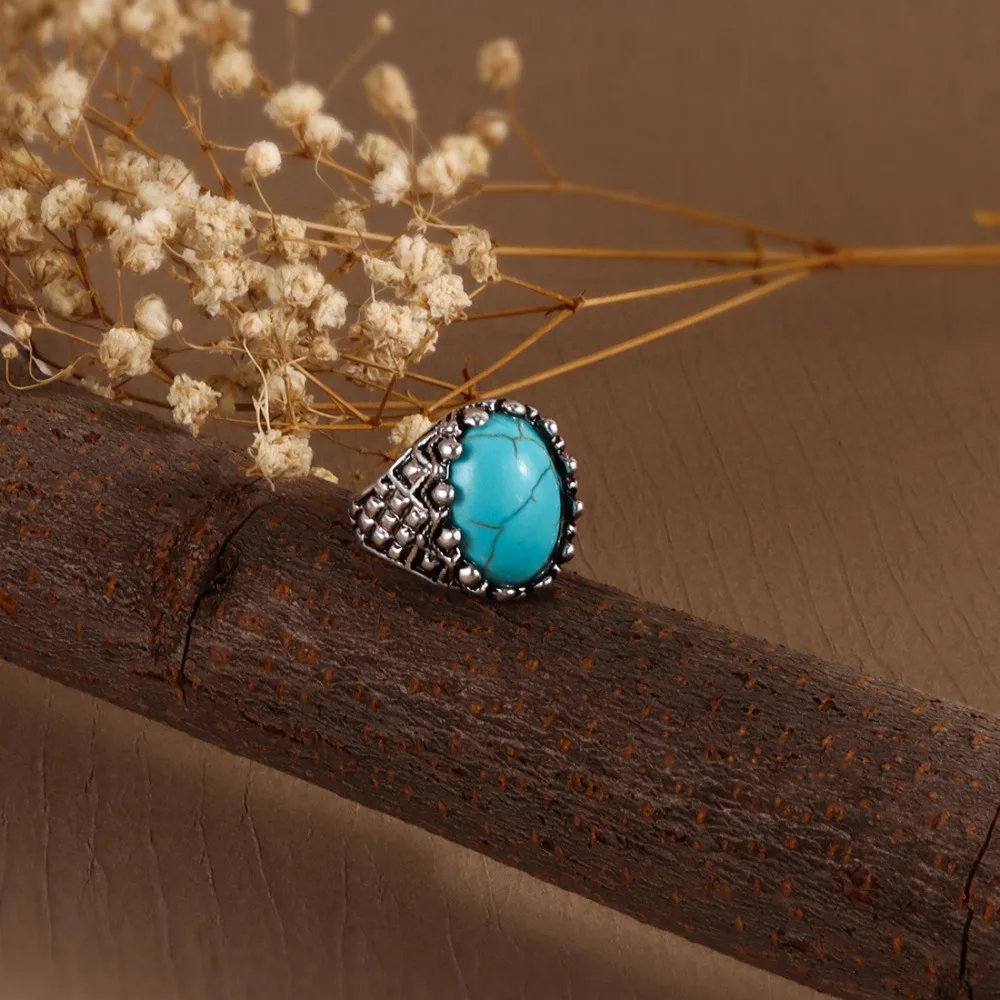 Trendy Antique Western Country Ring Alloy Jewelry Turquoise Ring Aesthetic Fashion Vintage Ring Boys