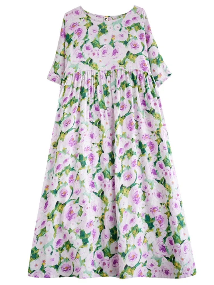 Vestido largo de verano con estampado Floral para mujer, traje holgado con volantes, plisado, informal, a la moda