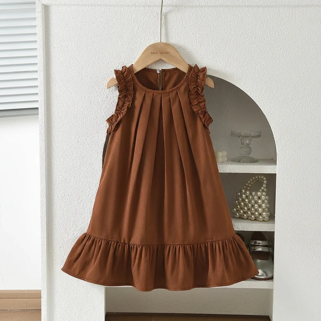 Leisure Pastoral Style 2-7-year-old Girls' Casual Clothes Khaki Round Neck Sleeveless Pleated Dress Korean Version Summer New