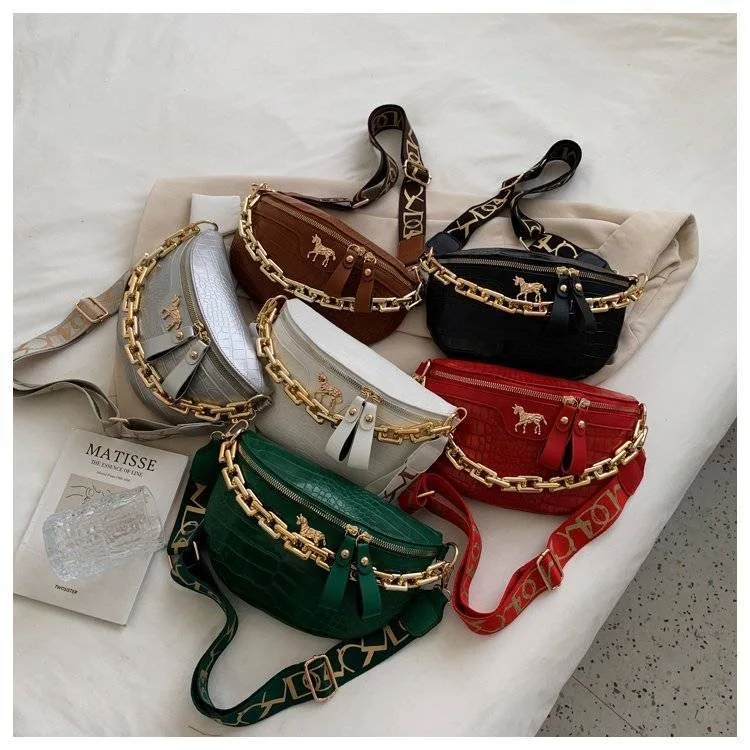 Thick Chain Women\'s Waist Bag Alligator Pattern Fanny Pack Fashion Shoulder Crossbody Chest Bags Banana Handbag Female Belt Bag