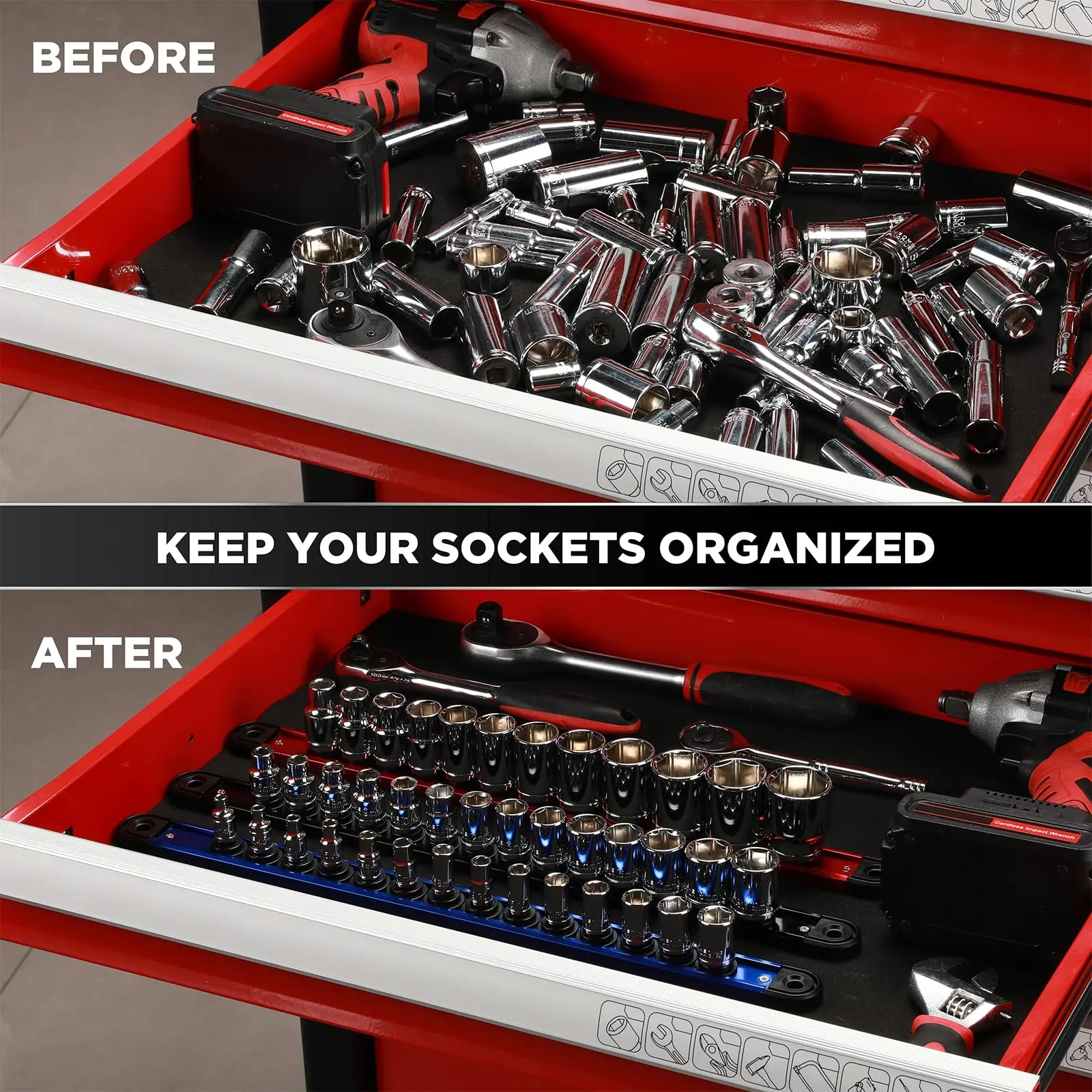 Rafford Magnetic Aluminum Socket Organizer Rail Holder 1/4 3/8 1/2 Inch Drive Socket Storage Clip Set 40 Sockets Capacity