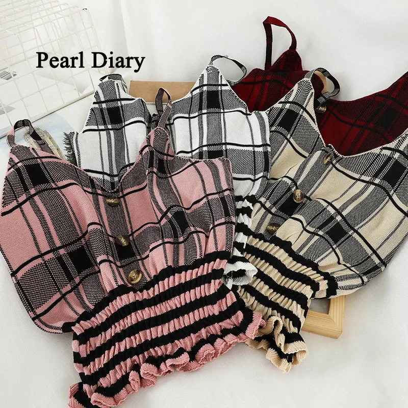 

Zik Hekiy Women Summer Knitting Camisole Plaid Spaghetti Strap Cropped Tops Buttons Front Smocked Hem Slim Fit Casual Tops